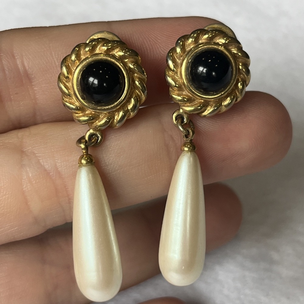 Vintage Pair MONET Dangle Earrings Faux Pearl Black Center Accent 2" Clip On